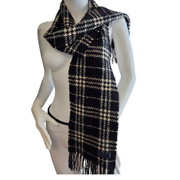 Burberry Accessories - Burberry London Merino Wool Angora Plaid Scarf Black Cream Red Made in Scotland